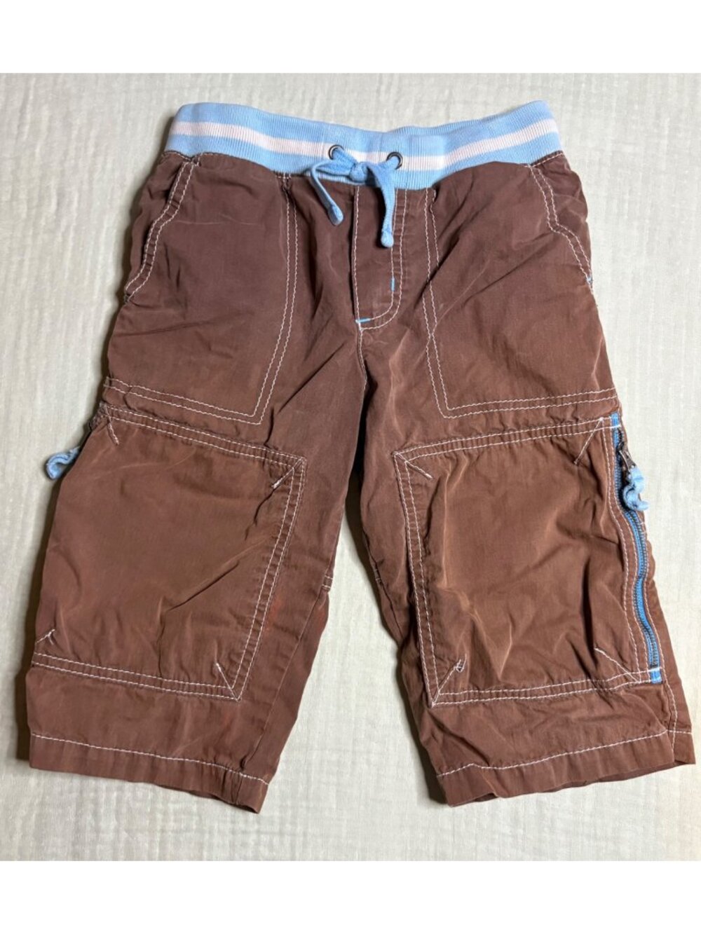 Mini Boden Boys Brown Techno Shorts With Blue Waistband & Drawstring 7Y